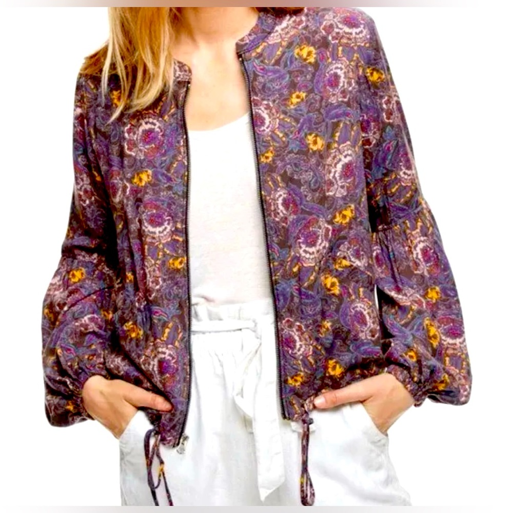 Free People Womens Ballon‎ Sleeve Zip up Jacket Floral Size Extra Small Hippie.